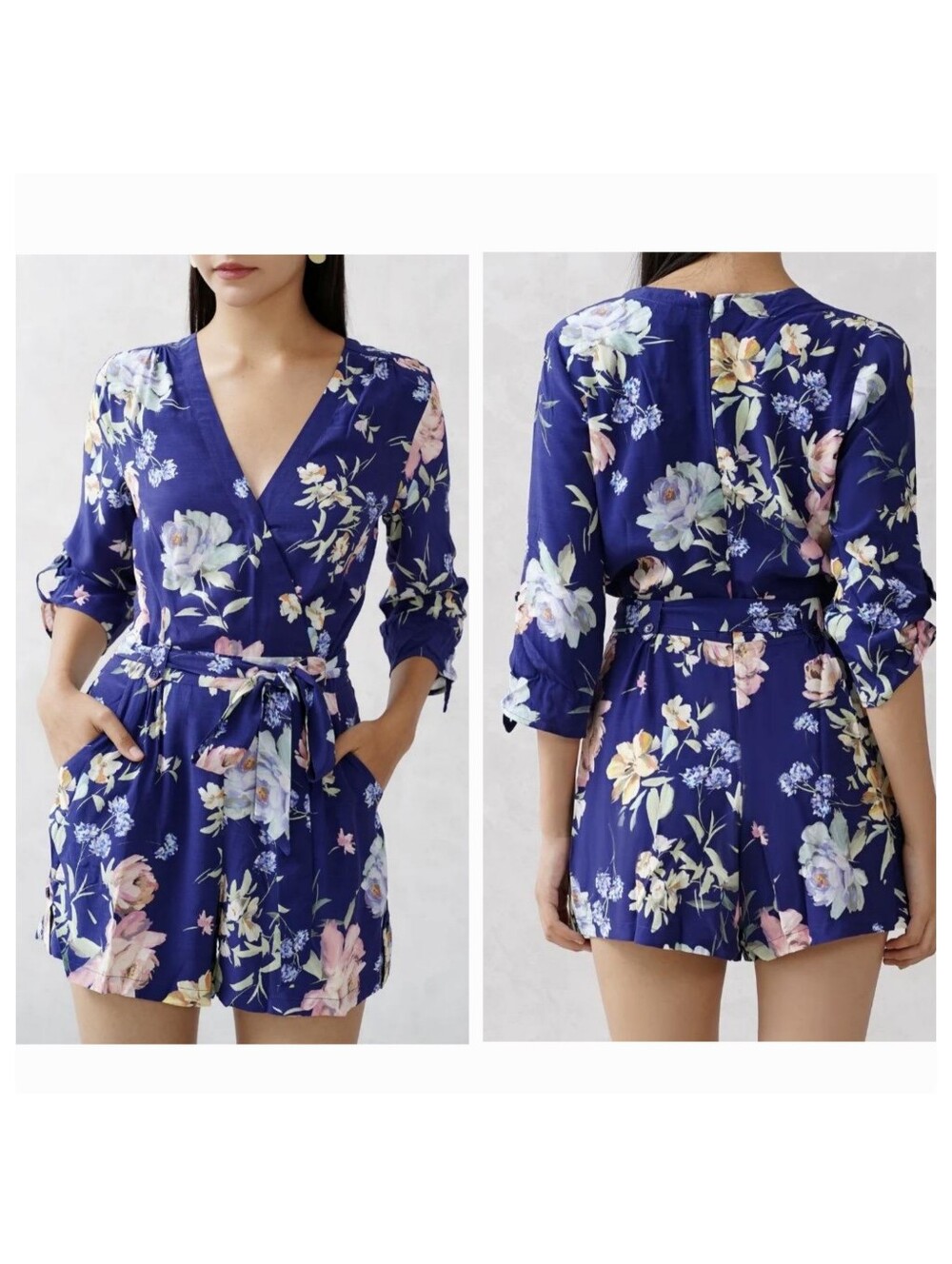 EUC Yumi Kim Womens Liz Floral Long Sleeve V Neck Flowy Romper Navy Blue Size L